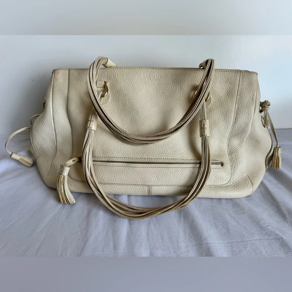 Kate Spade New York Deco large‎ pebbled leather satchel cream green lining rope